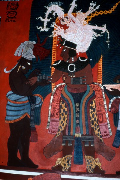 Reproducción de un mural que muestra a un sirviente vistiendo a un gobernante para una ceremonia, del Templo de los Murales, Bonampak (pintura mural) de Mayan